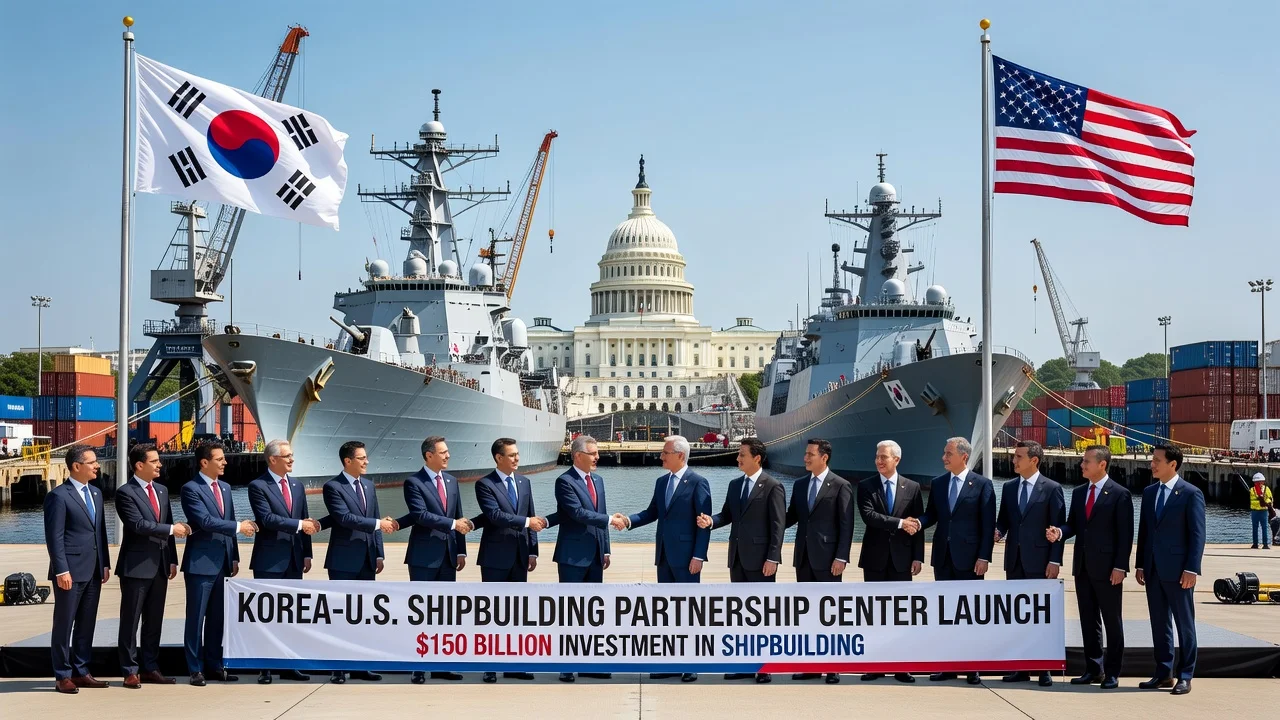 Illustration of South Korea and US officials launching shipbuilding partnership center in Washington with flags and ships