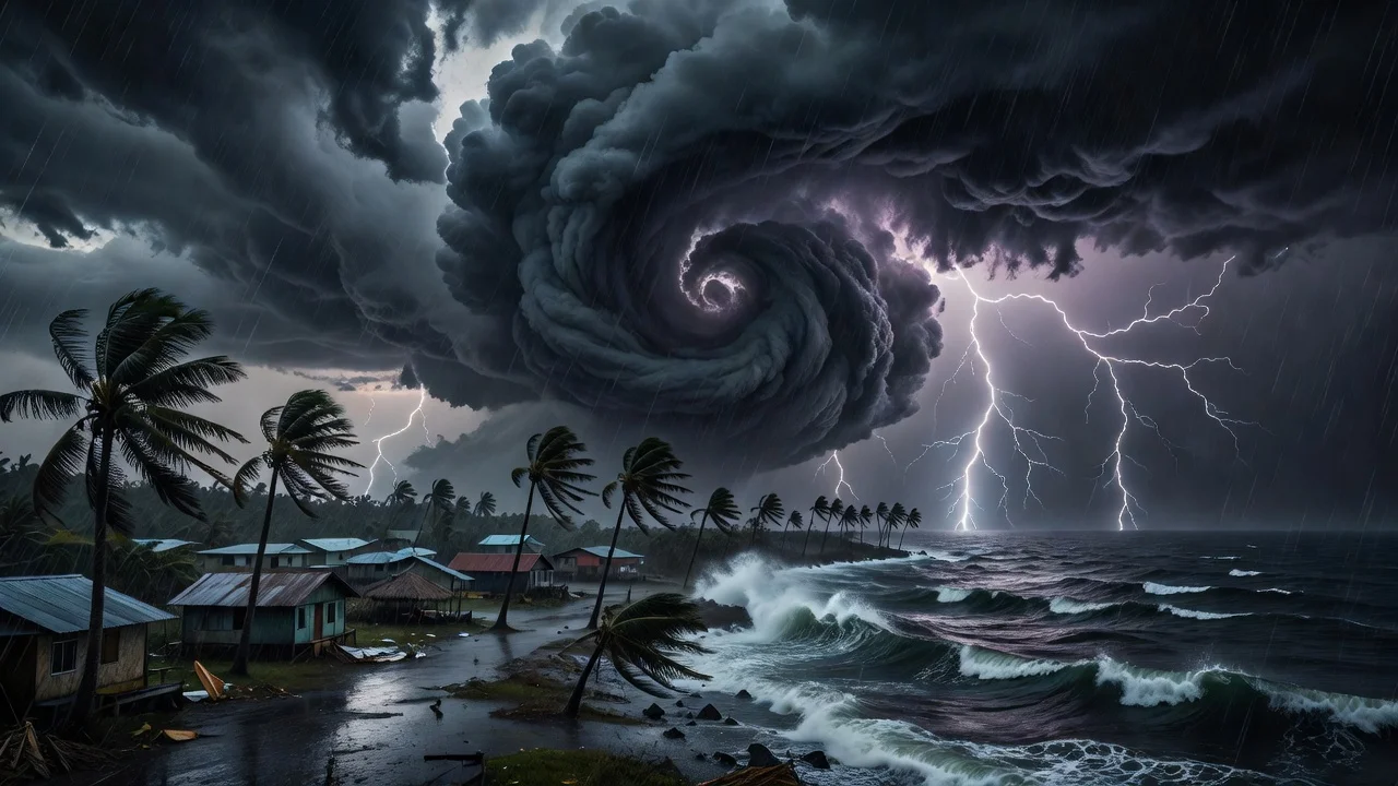 Dramatic depiction of Tropical Storm Kiyapo approaching northern Luzon with heavy rains and strong winds.