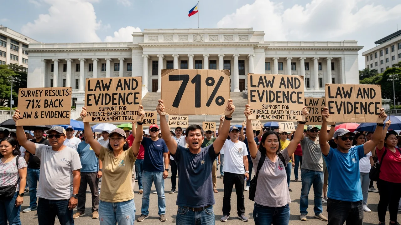 Illustration of Filipinos outside the Senate holding signs about the 71% survey favoring law and evidence in Sara Duterte's trial.