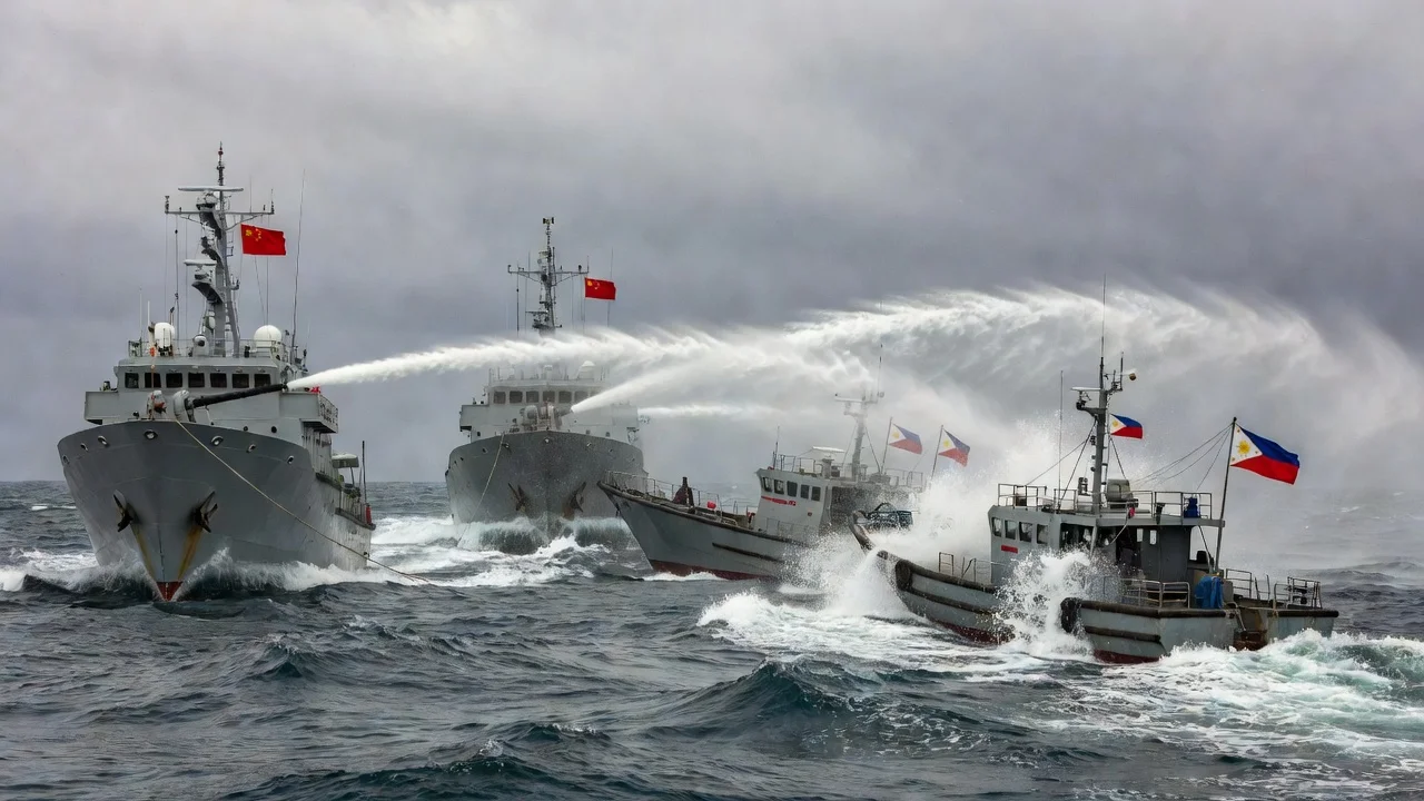 China Coast Guard firing water cannon at Philippine vessel near Panatag Shoal during maritime confrontation.