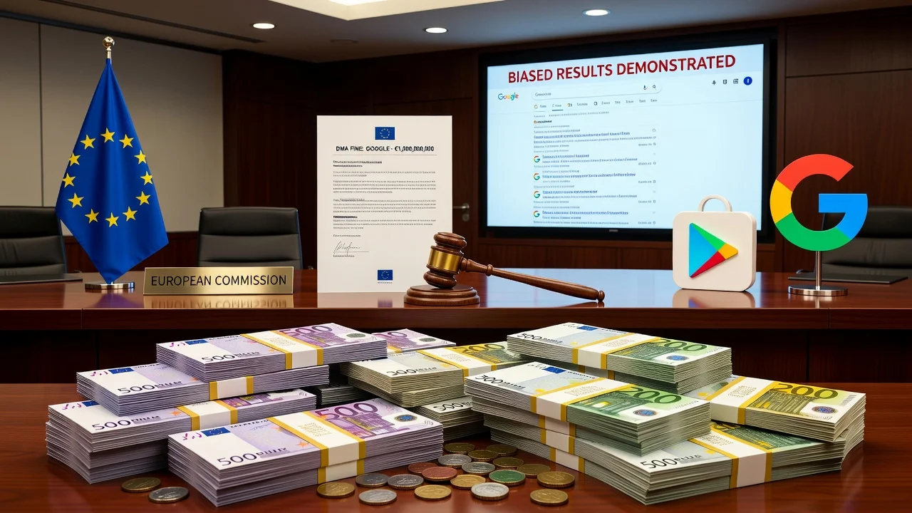 Illustration of the European Commission fining Google for DMA violations, featuring official logos, legal symbols, and financial penalties in a realistic style.