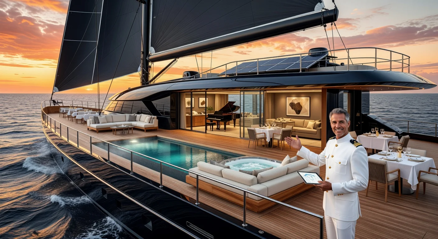 Photorealistic illustration of the Black Pearl superyacht showcasing its expansive decks, DynaRig sails, and opulent interiors during a captain-guided tour.