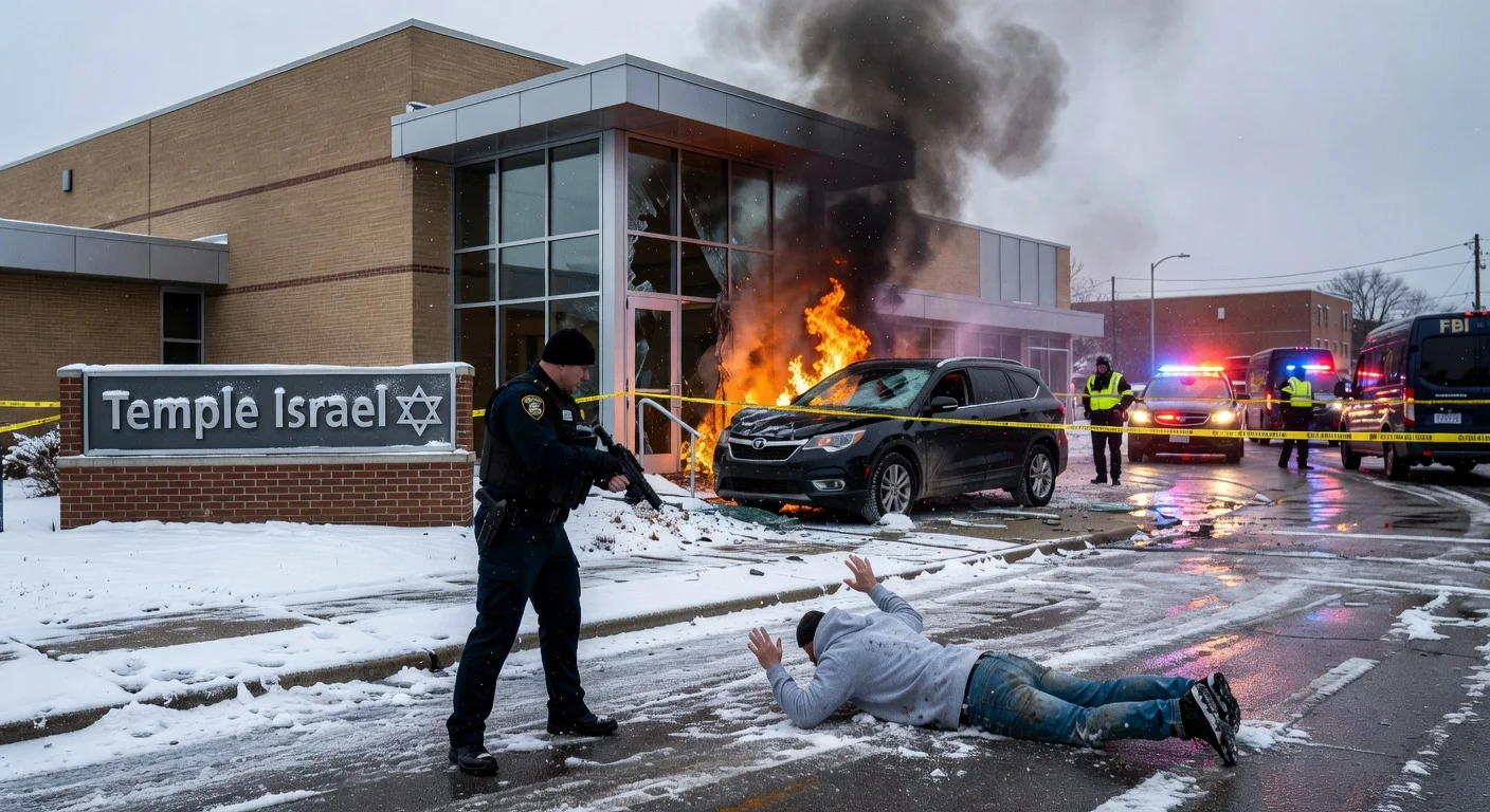 Dramatic photo of truck crashed into Michigan synagogue entrance, burning with security responding.