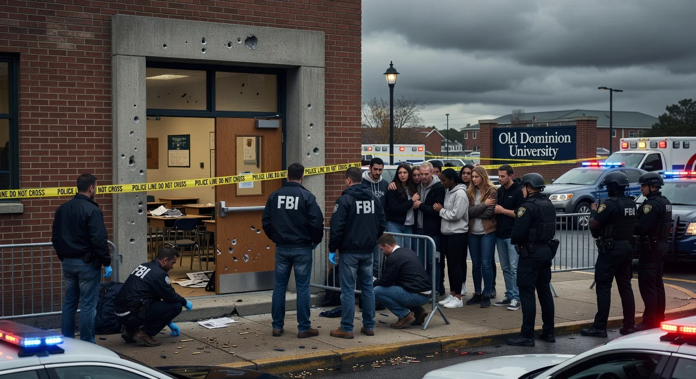 Illustration of students subduing gunman in Old Dominion University ROTC shooting, with fallen victim and responding FBI agents.