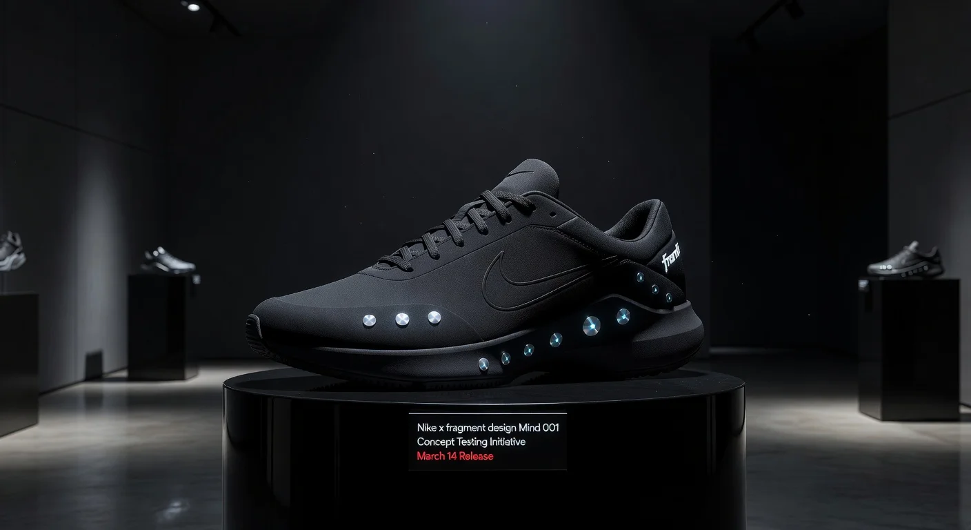 Nike and fragment design Mind 001 black futuristic mule sneaker with sensory nodes for brain stimulation, displayed in fragment store.
