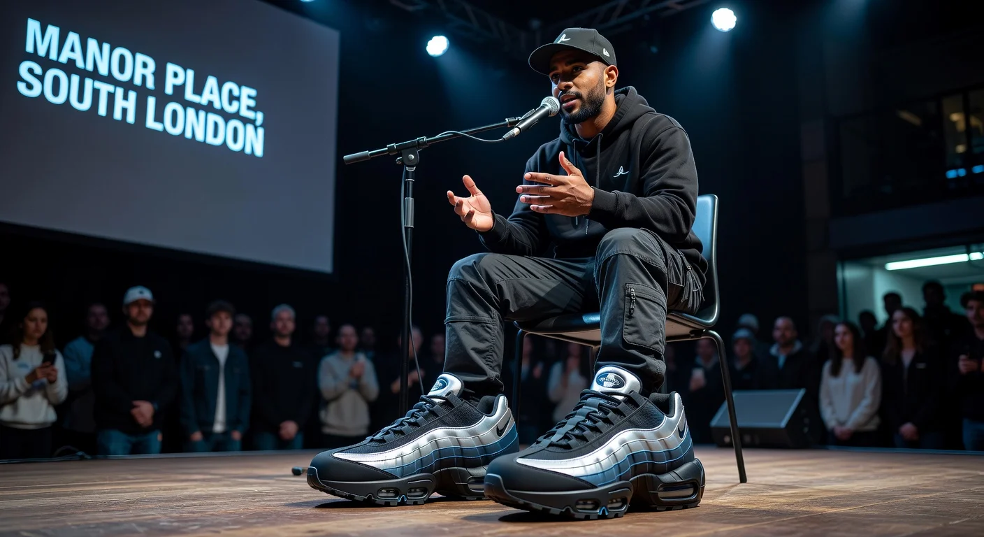 Lev Tanju wearing prototype Palace x Nike Air Max 95 sneakers with black-silver gradient and blue accents at South London panel talk.