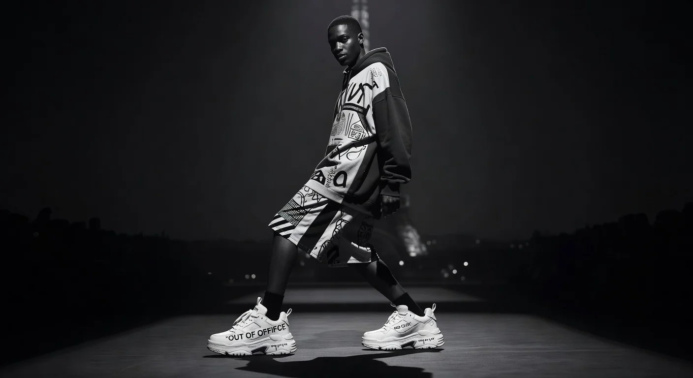 Moody black-and-white image of Kid Cudi x Off-White chunky sneakers, hoodies, and t-shirts from Paris Fashion Week debut honoring Virgil Abloh.