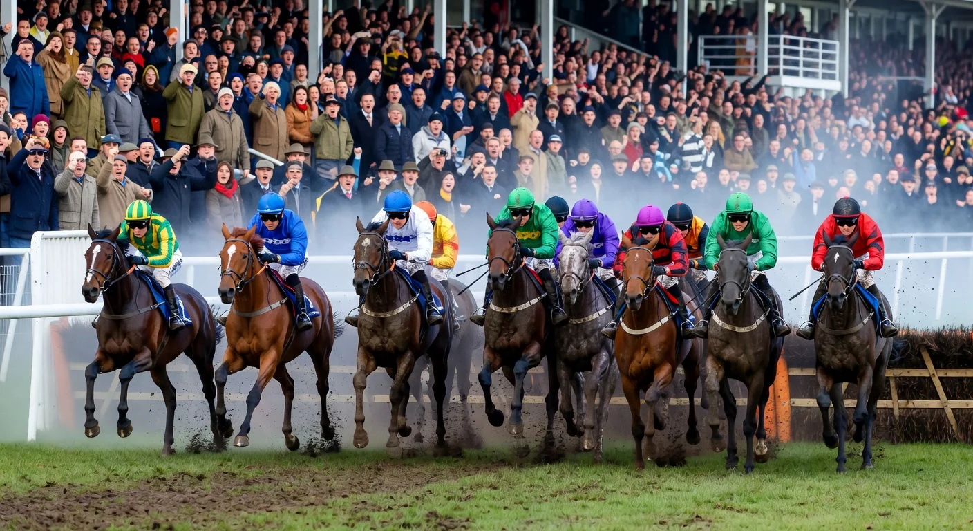 Dynamic photorealistic illustration of the 2026 Cheltenham Gold Cup race, capturing horses mid-jump over a fence on soft ground with cheering crowds.