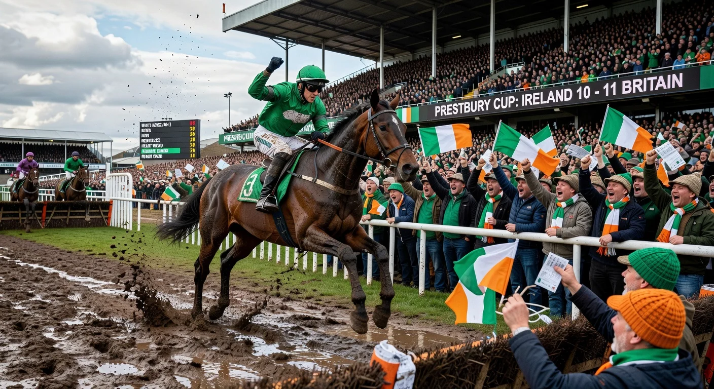 Dramatic scene of 33-1 outsider Home By The Lee winning the Stayers’ Hurdle at Cheltenham Festival amid cheering crowds on St Patrick's Thursday.