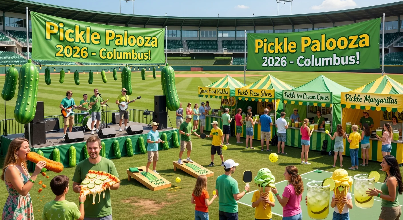 Vibrant illustration of upcoming Pickle Palooza festival at Huntington Park in Columbus, Ohio, showcasing pickle-themed foods, drinks, live music, and games.
