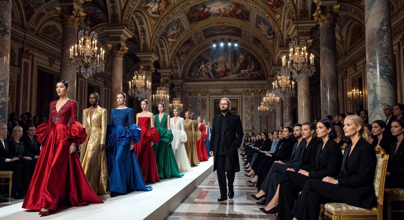 Photorealistic scene of Valentino Fall 2026 fashion show by Alessandro Michele at Palazzo Barberini, Rome, with Renaissance-inspired designs on runway and celebrities in front row.