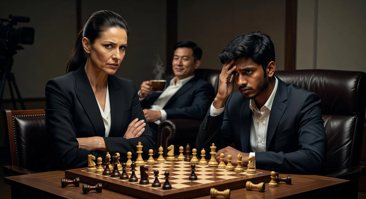 Illustrative photo of Judit Polgar questioning Gukesh's title defense while Ding Liren hints at return, chessboard centerpiece.