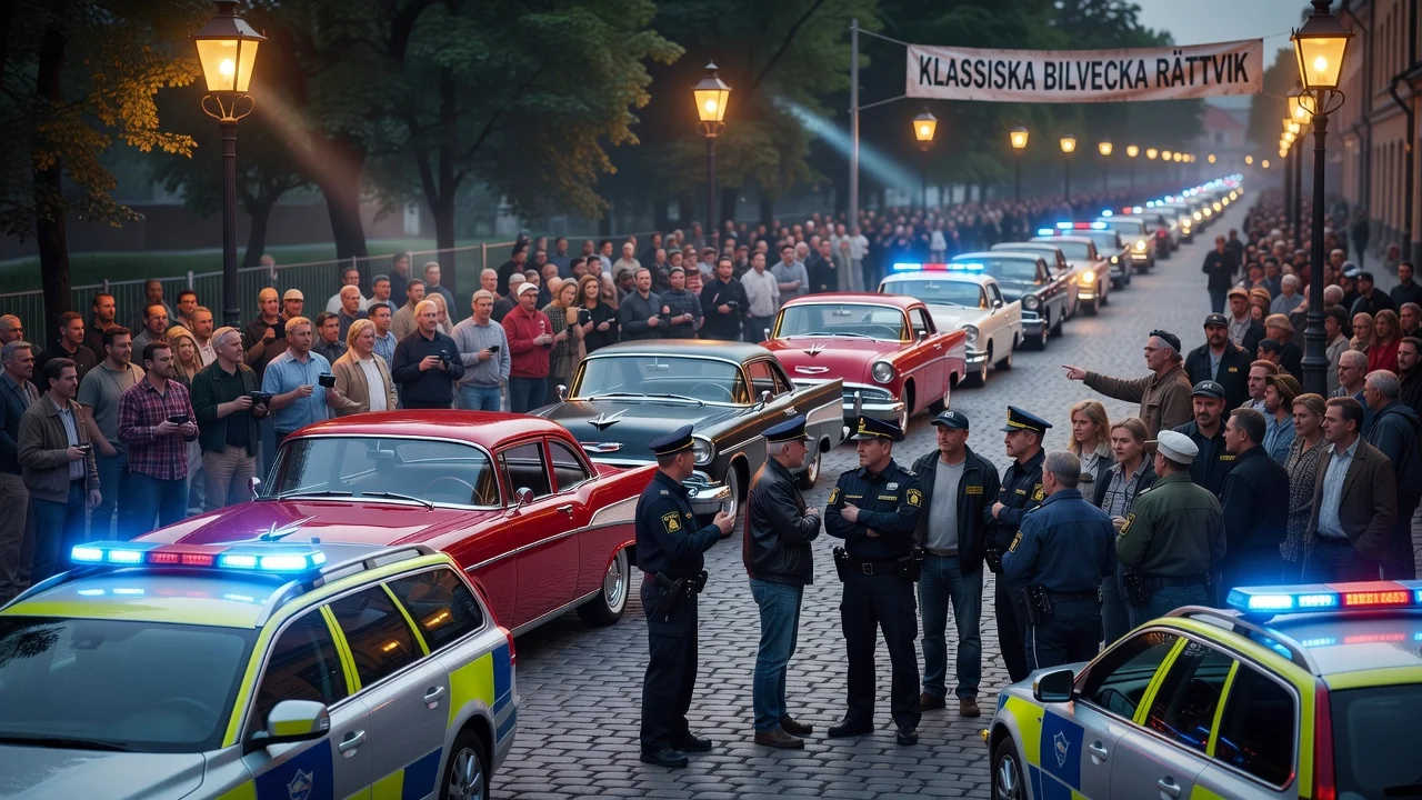 Police vehicles at the Classic Car Week event in Rättvik after reported incidents.