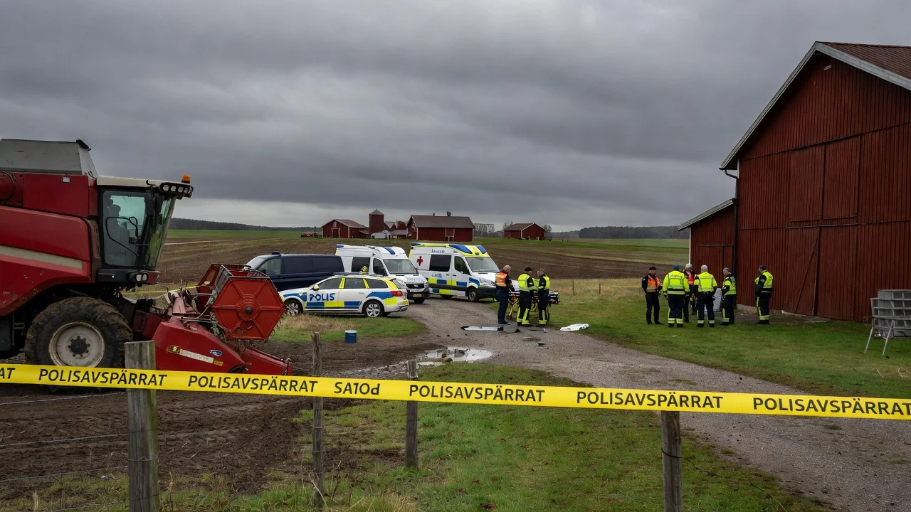 Farm scene in Kävlinge with emergency responders at a fatal workplace accident site.