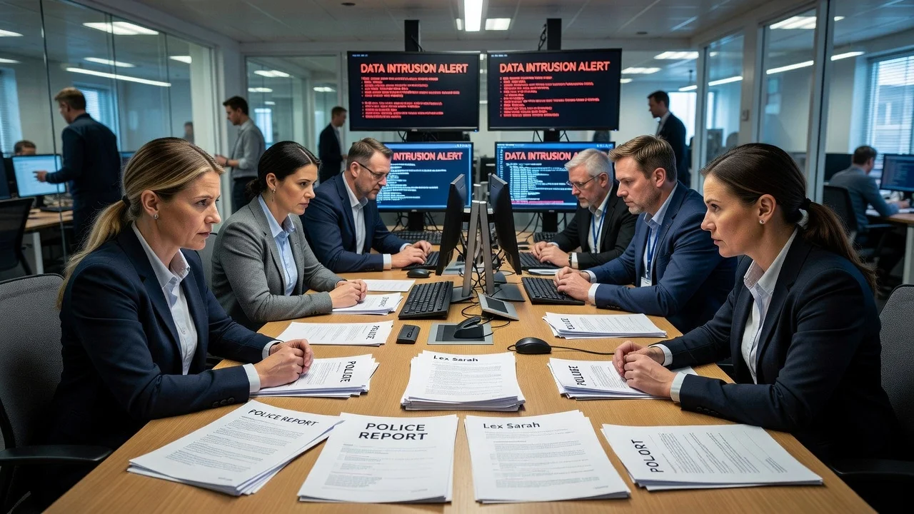 Illustration of social services investigators in Örebro examining data breach documents related to the Elsa case.
