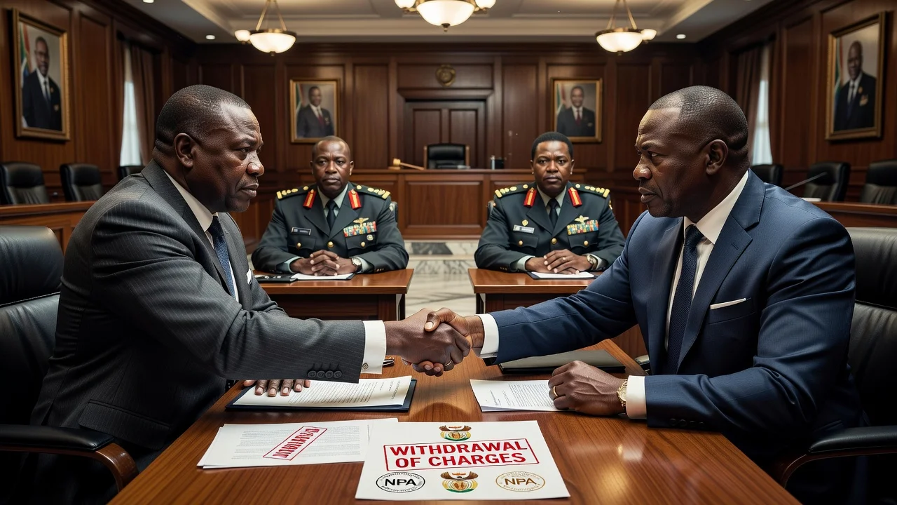Illustration of NPA withdrawing fraud charges against South African police officials in a courtroom setting.