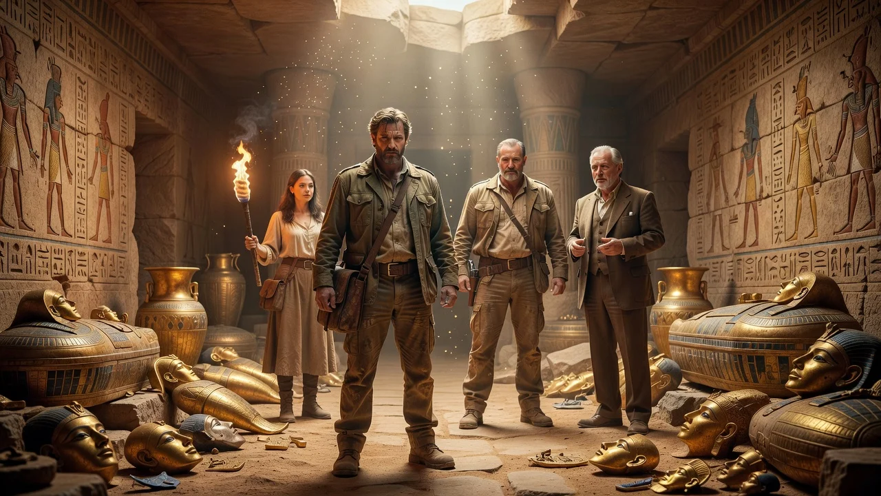 News illustration of Michael Johnston joining The Mummy film cast with Brendan Fraser, Rachel Weisz, and John Hannah in an Egyptian tomb scene