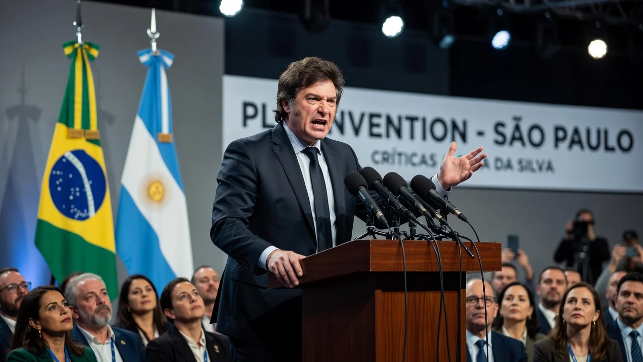 Argentine President Javier Milei at a podium criticizing Lula da Silva at a political convention in Brazil