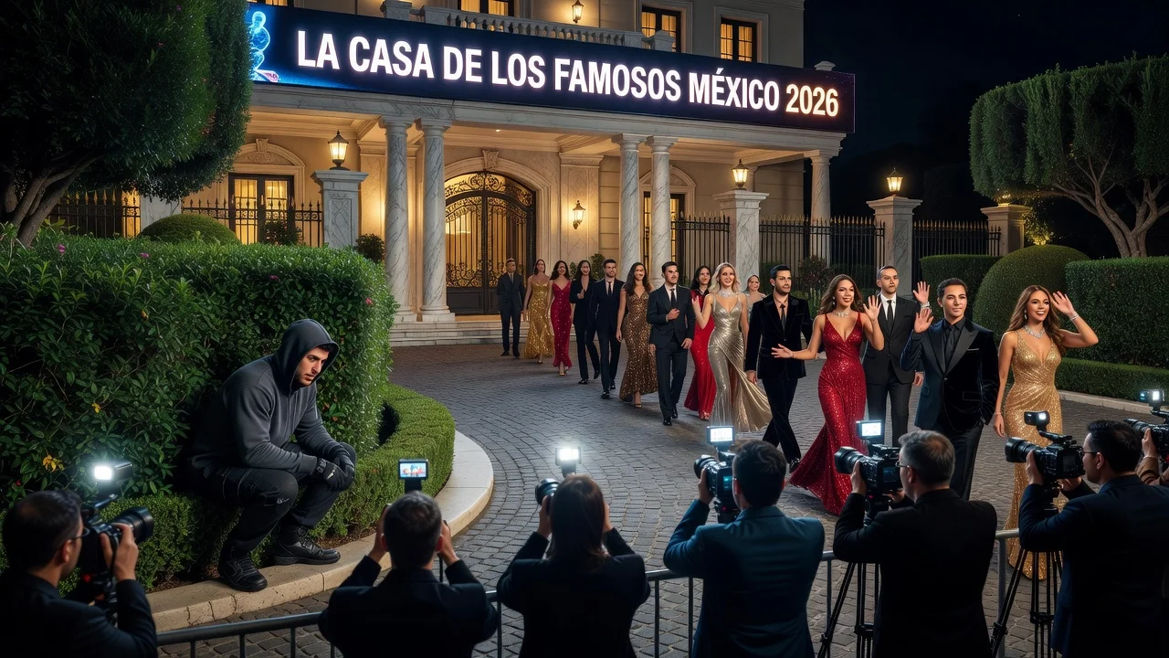 Illustration of the La Casa de los Famosos México 2026 premiere featuring Fede Vigevani as undercover resident with 18 participants.