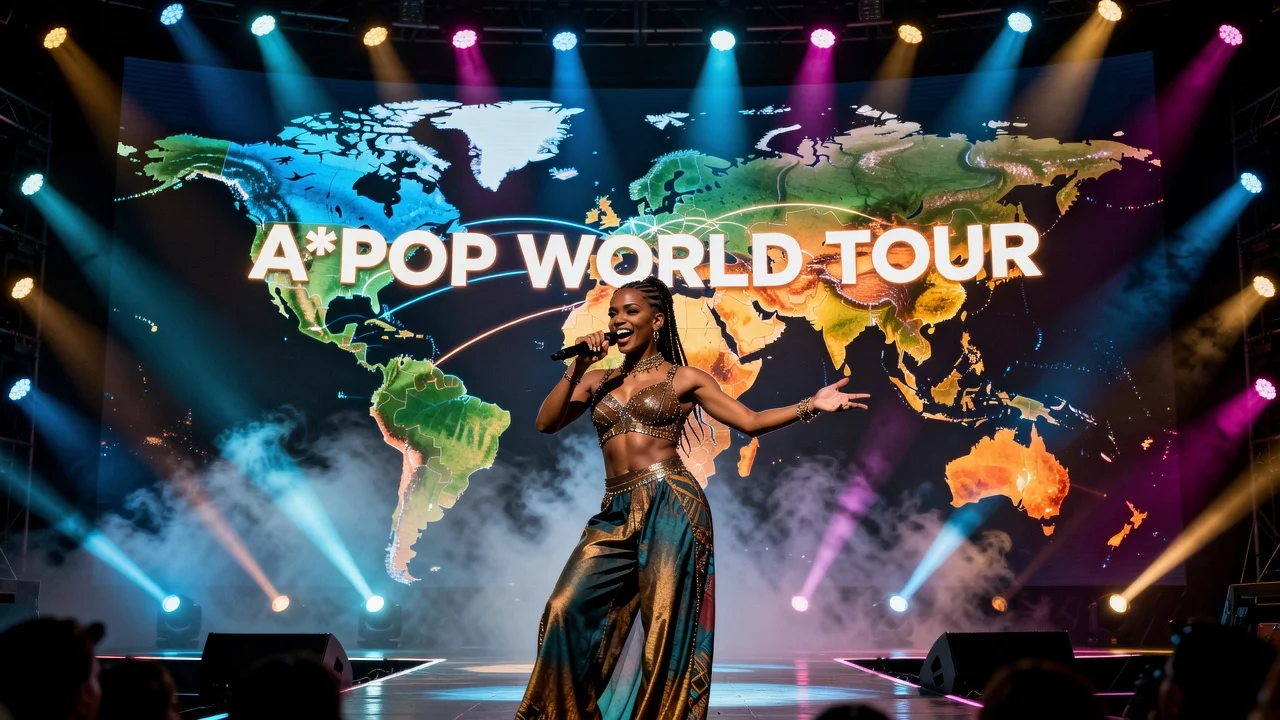 Illustration of Tyla announcing her A*Pop world tour across continents.