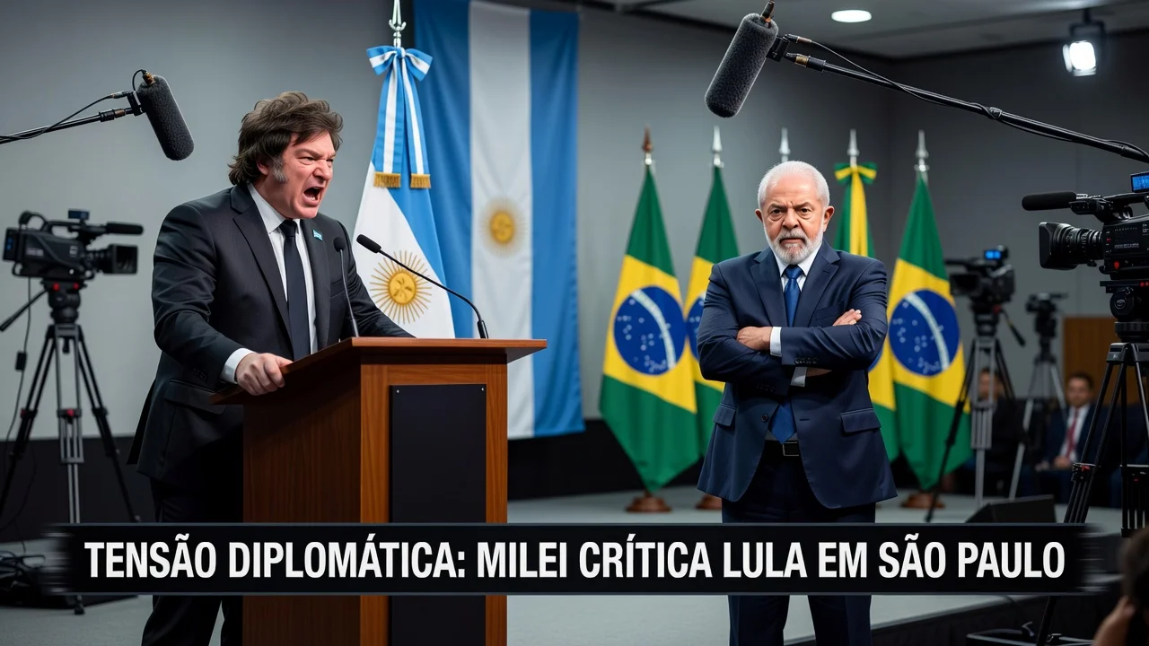 A realistic illustration showing Argentine President Milei criticizing Brazilian President Lula in São Paulo, highlighting the diplomatic tension between the two leaders.