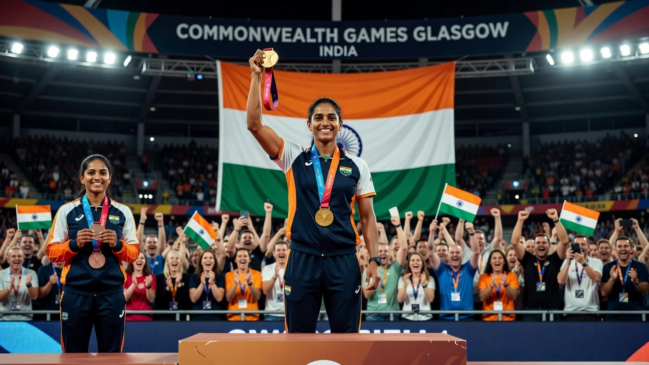 Sharmila Dhankar celebrating India's first para athletics gold medal at the Commonwealth Games.