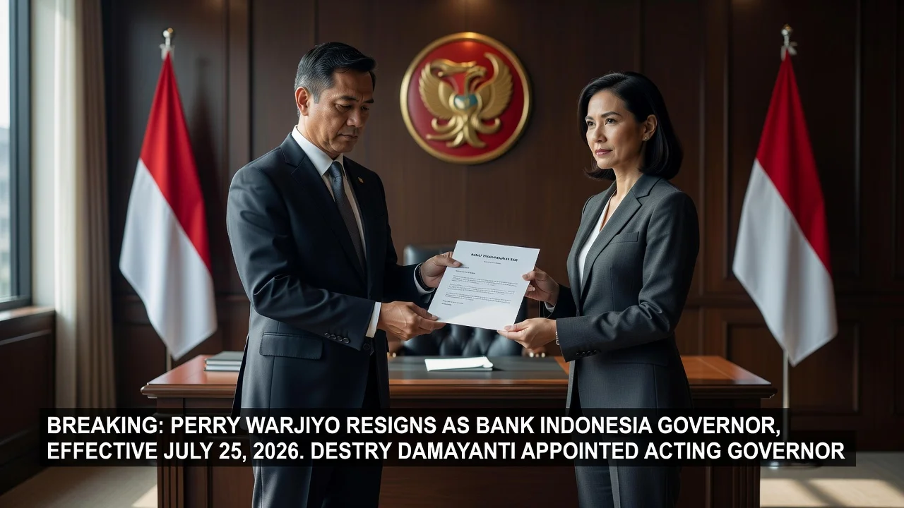 Illustration of Perry Warjiyo's resignation as Bank Indonesia governor, showing the formal handover to Destry Damayanti as acting governor.