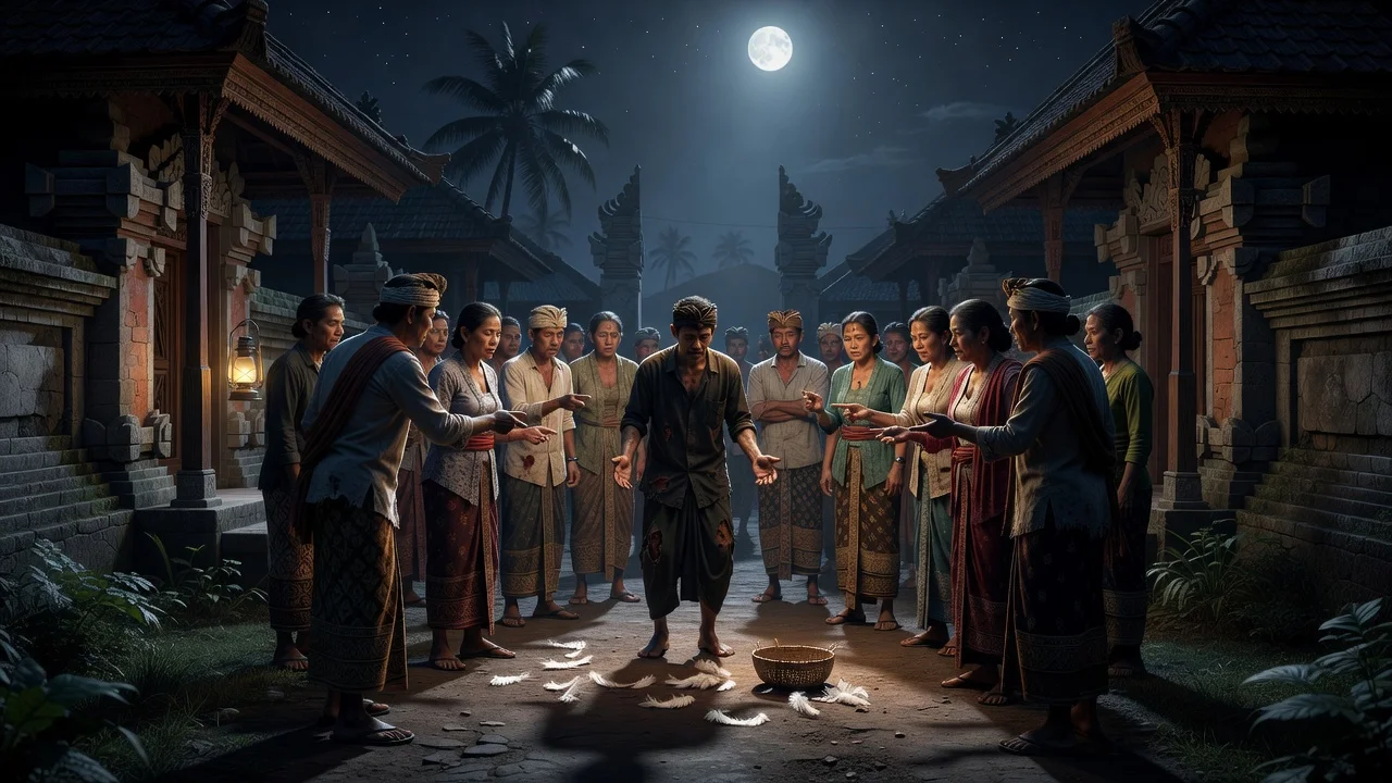 A dramatic nighttime scene in a Balinese village where residents confront a suspected thief, illustrating a news story about a fatal incident.