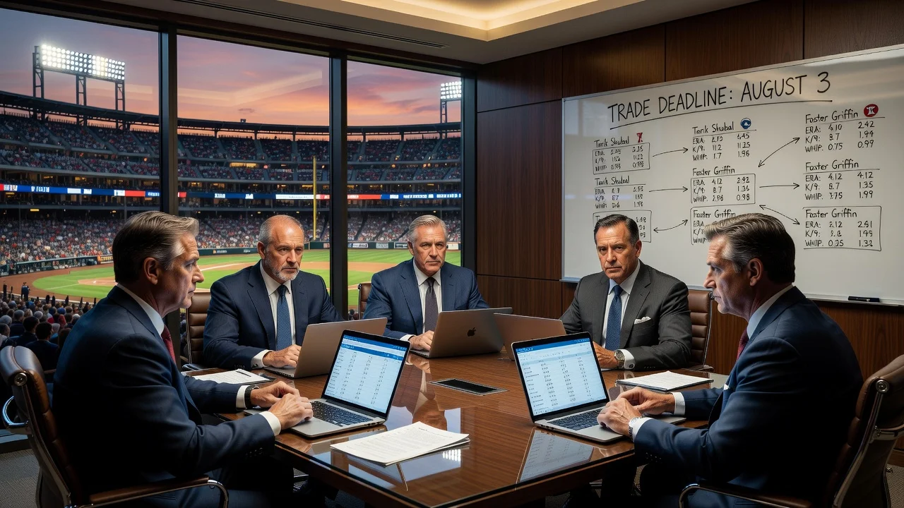 MLB executives negotiating trades before the August deadline with player stats visible.