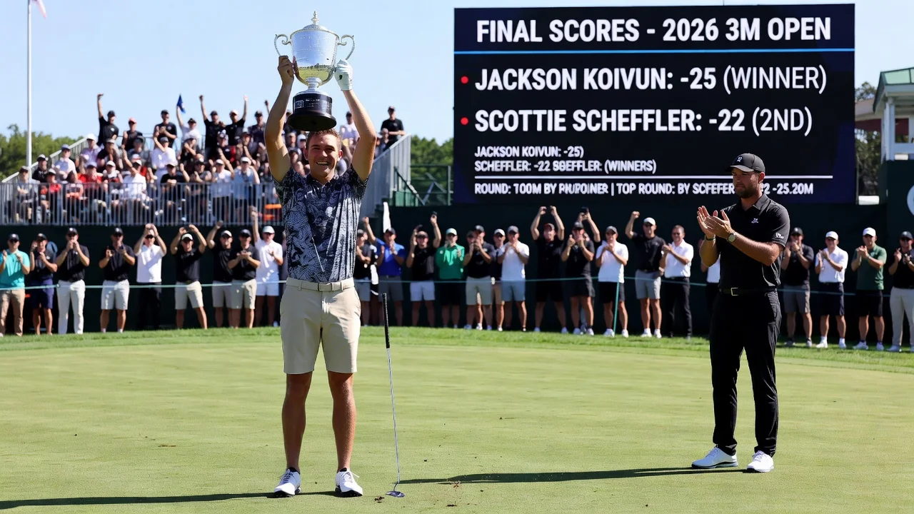 Jackson Koivun celebrating his first PGA Tour victory at the 2026 3M Open.