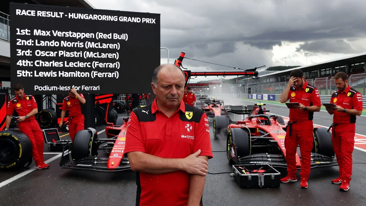 Ferrari team principal Fred Vasseur looking disappointed after poor performance at the Hungarian Grand Prix, with cars finishing outside podium.