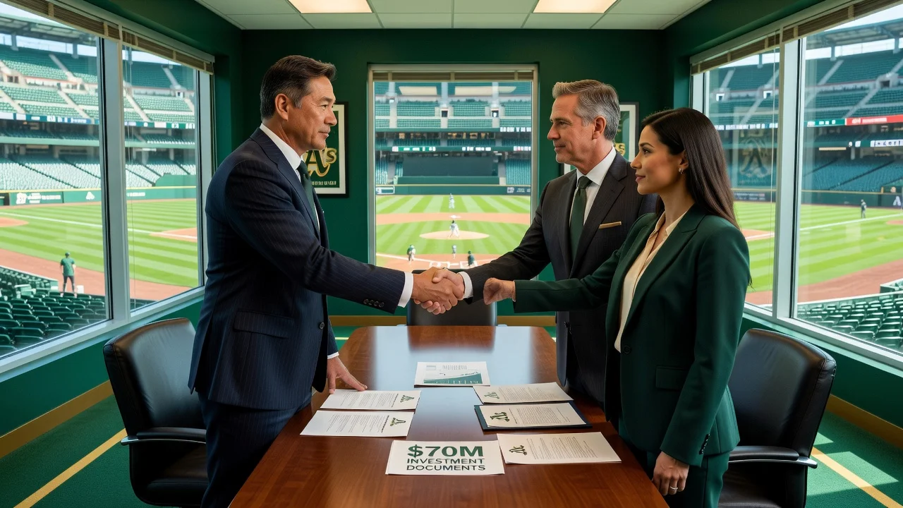 Park Chan-ho shaking hands with Athletics executives after a $70 million investment in the MLB team.