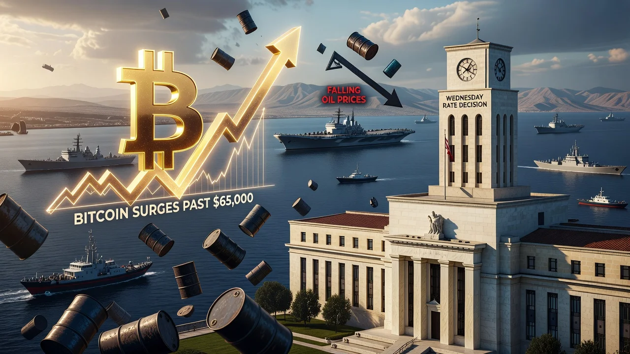 Bitcoin rebounds above 65000 after US-Iran pause, with oil prices lower and Fed decision ahead