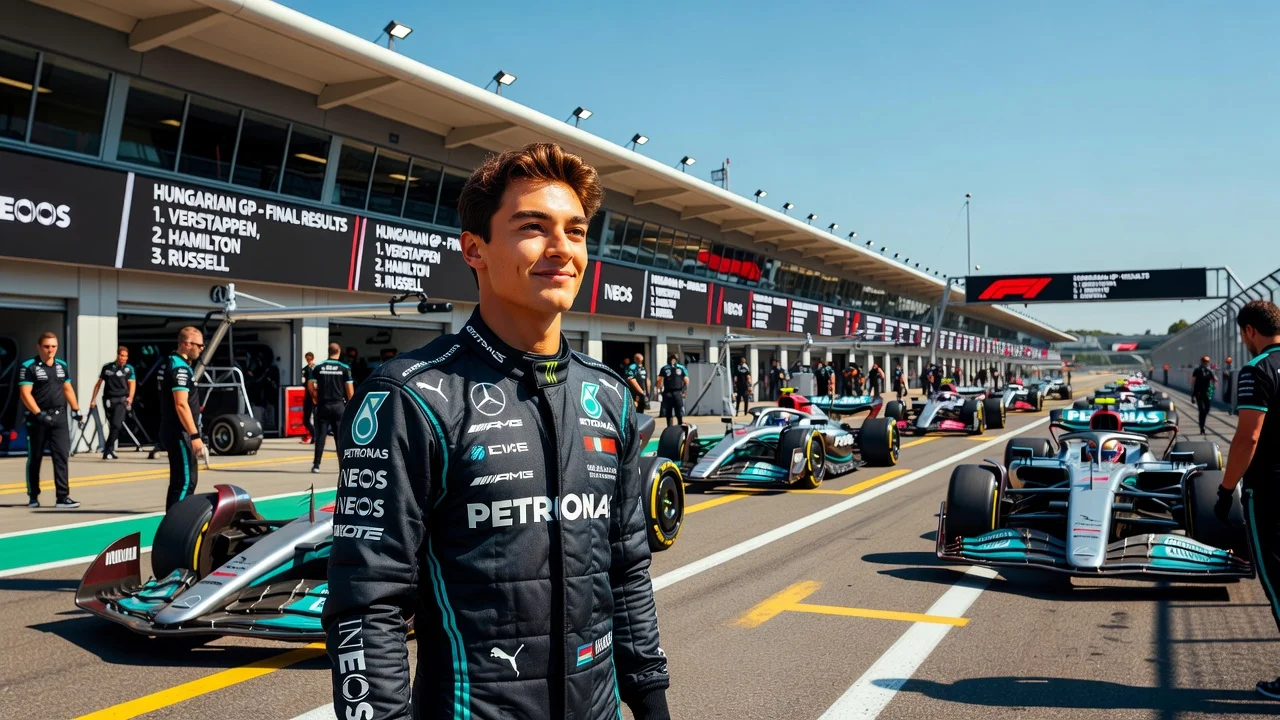 Mercedes driver George Russell smiling confidently at the Hungarian Grand Prix circuit.