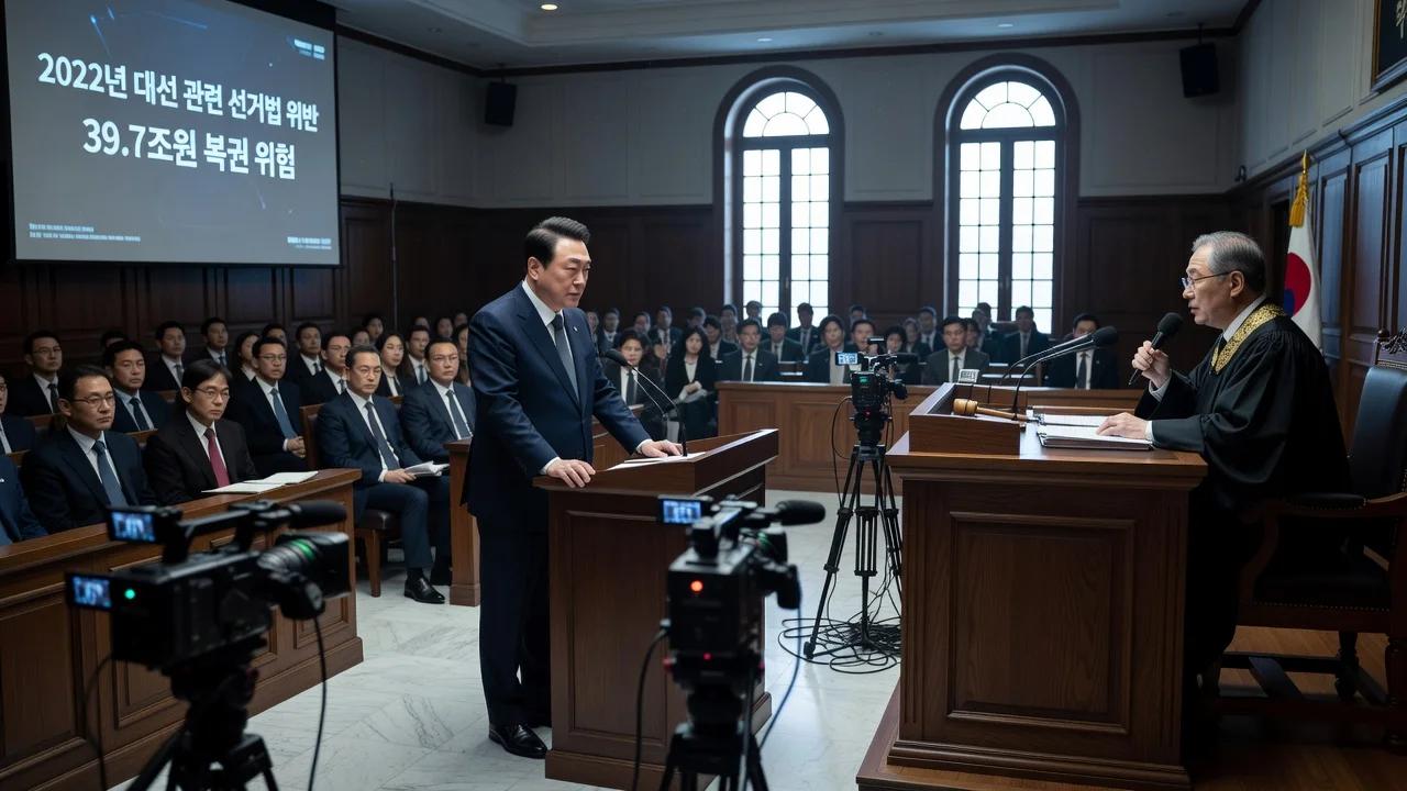 Courtroom scene of former President Yoon Suk Yeol receiving a suspended sentence for election law violations.