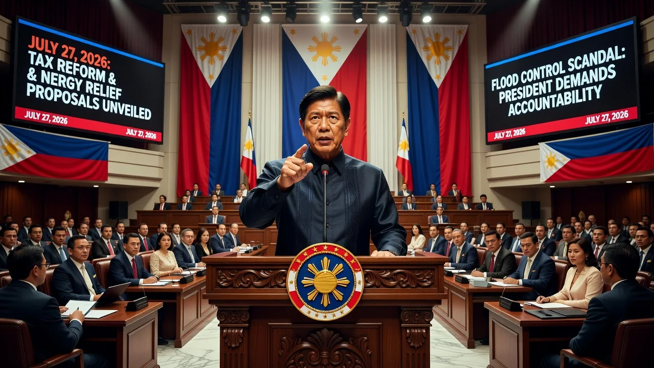 President Marcos Jr. speaking at the podium during his State of the Nation Address, highlighting accountability in a flood control scandal.
