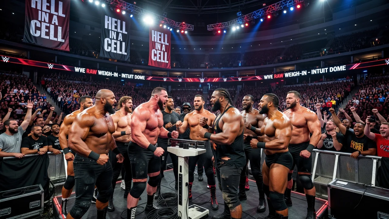 Chaotic WWE Raw weigh-in scene at the Intuit Dome featuring wrestlers and an excited crowd.