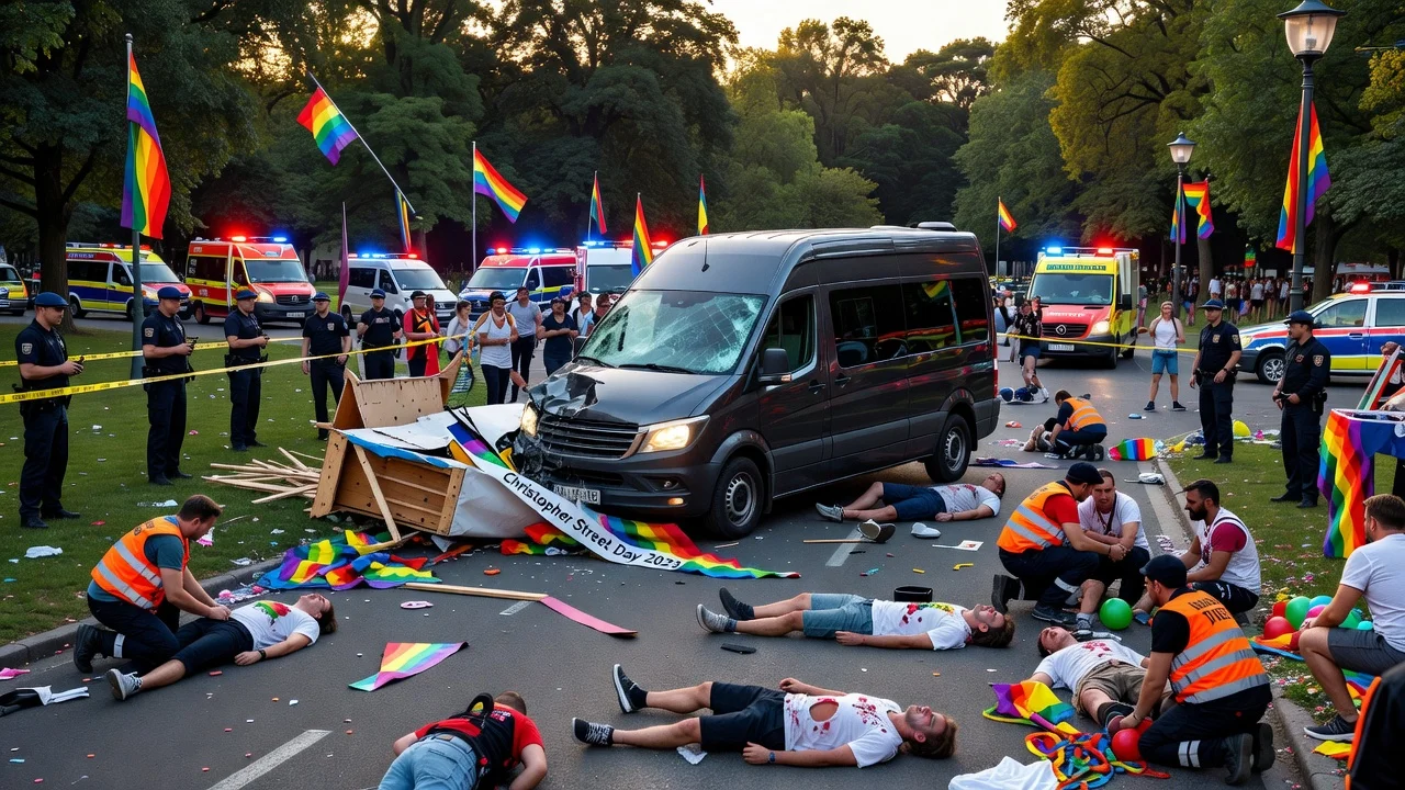 Illustration of the van ramming at Berlin Pride showing chaos and emergency response in Tiergarten