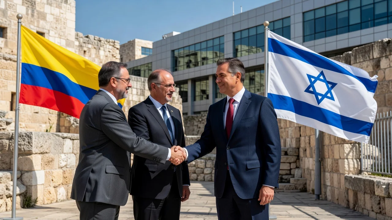 Diplomatic handshake between Colombian and Israeli officials in Jerusalem with national flags, illustrating restored ties and new embassy plans.