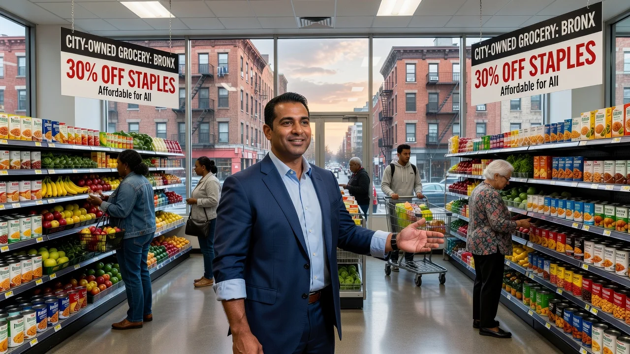 Illustration of Mayor Mamdani at a new municipal grocery store in the Bronx with discounted staples on display.