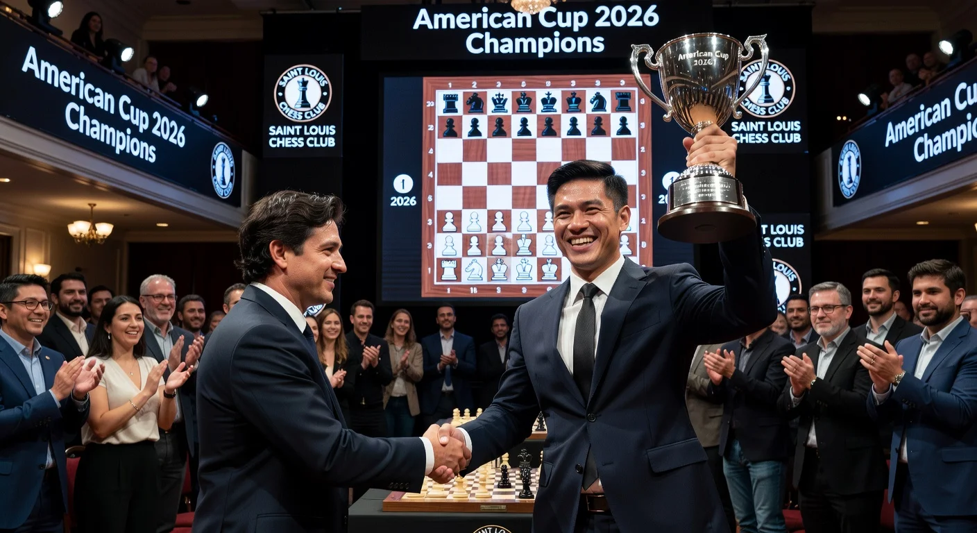Grandmaster Wesley So lifts the American Cup trophy in victory over Levon Aronian at Saint Louis Chess Club.