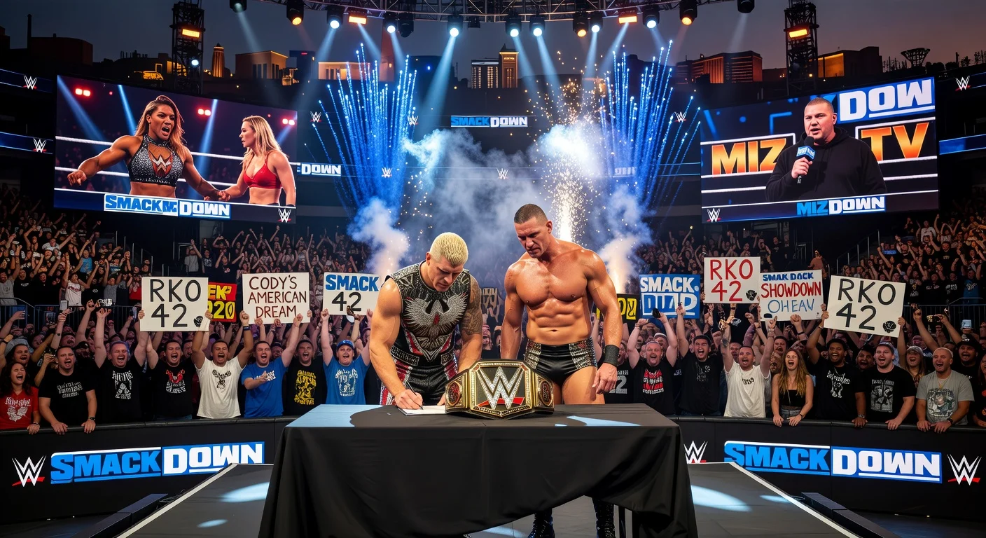 Realistic illustration of WWE SmackDown in Phoenix: Cody Rhodes and Randy Orton sign WrestleMania contract, with Jade Cargill vs. Michin and Jelly Roll on Miz TV highlights.