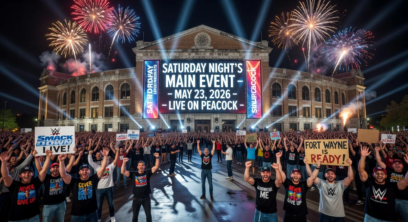 Illustration of Allen County War Memorial Coliseum lit up for WWE Saturday Night's Main Event on May 23, 2026, with excited fans and event banners.