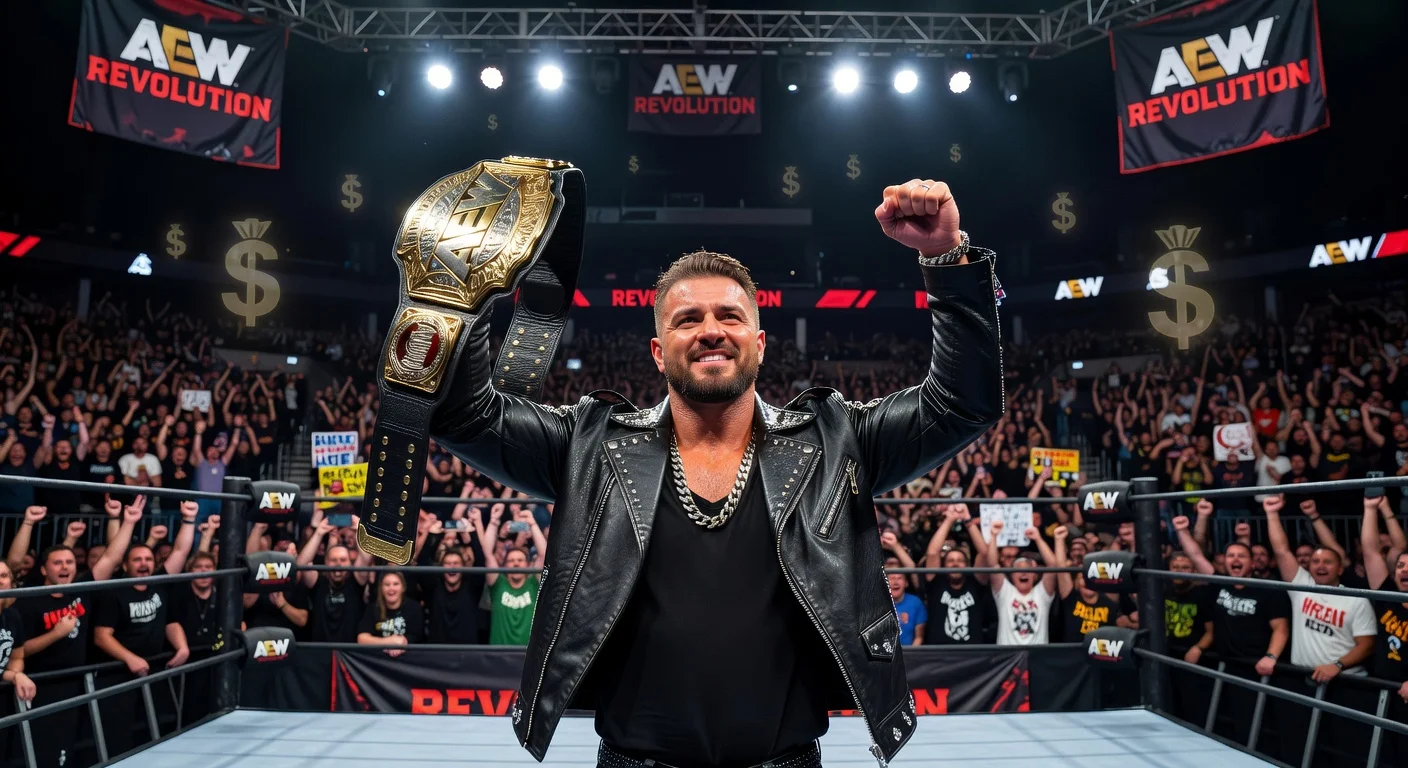 AEW Champion MJF triumphantly holding his title belt in the ring, with money symbols highlighting his compensation comments.