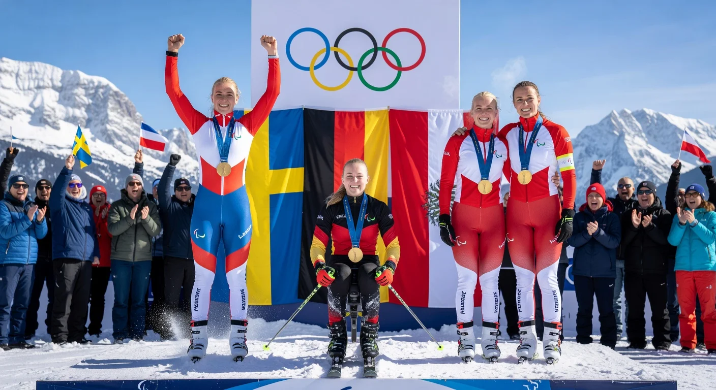 Ebba Aarsjoe of Sweden and Anna-Lena Forster of Germany celebrate gold medals in Paralympic giant slalom at Milan Cortina 2026.