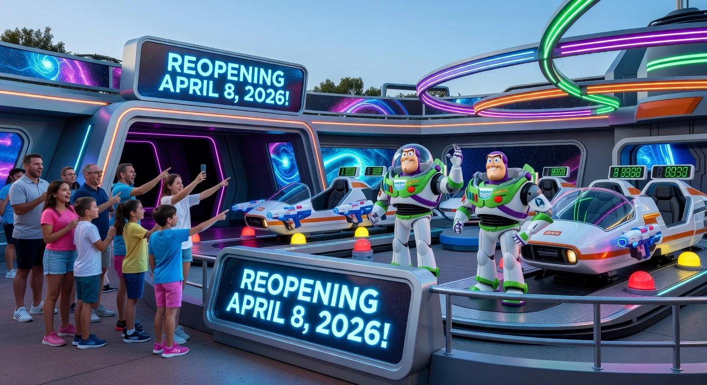 Disney's Buzz Lightyear's Space Ranger Spin ride entrance with 'Reopening April 8, 2026' sign and glimpses of upgrades like new animatronics and interactive blasters.
