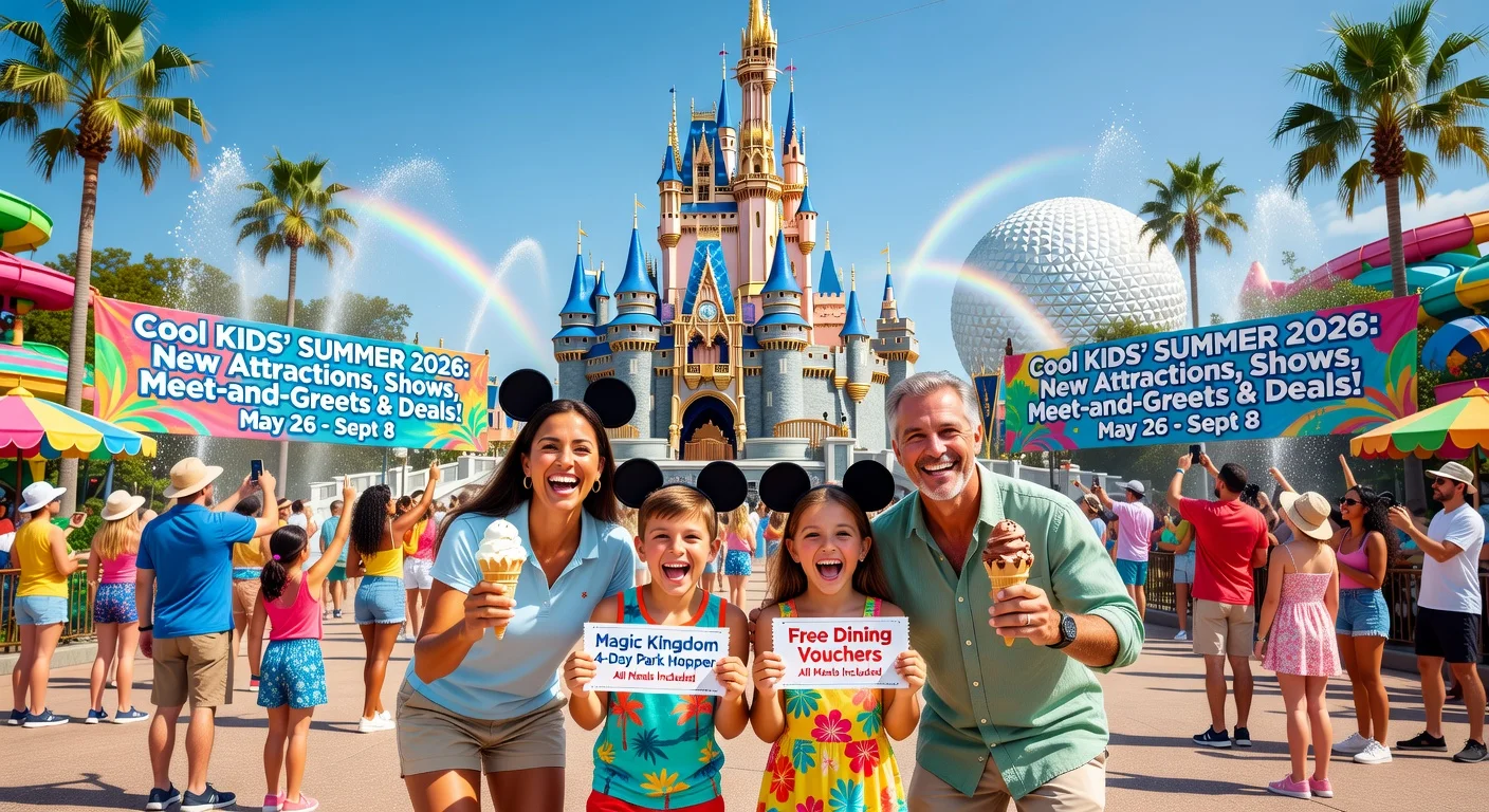 Realistic illustration depicting Walt Disney World free dining, room discounts, and EPCOT Soarin’ update for summer 2026.