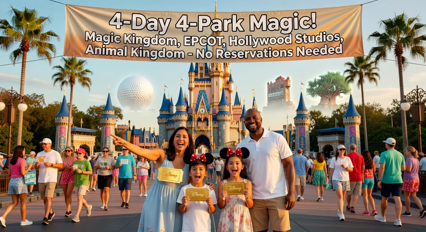 Family holding Disney's 4-Day 4-Park Magic Tickets at Walt Disney World entrance, with panoramic views of all four parks including Bluey at Animal Kingdom, promoting summer 2026 deal.