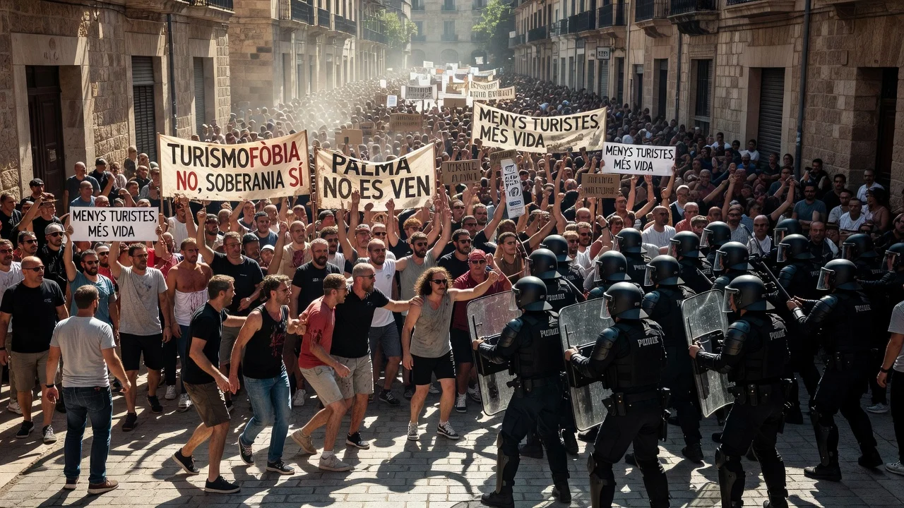 Large crowd protesting tourist overcrowding in Palma with police charges and injuries