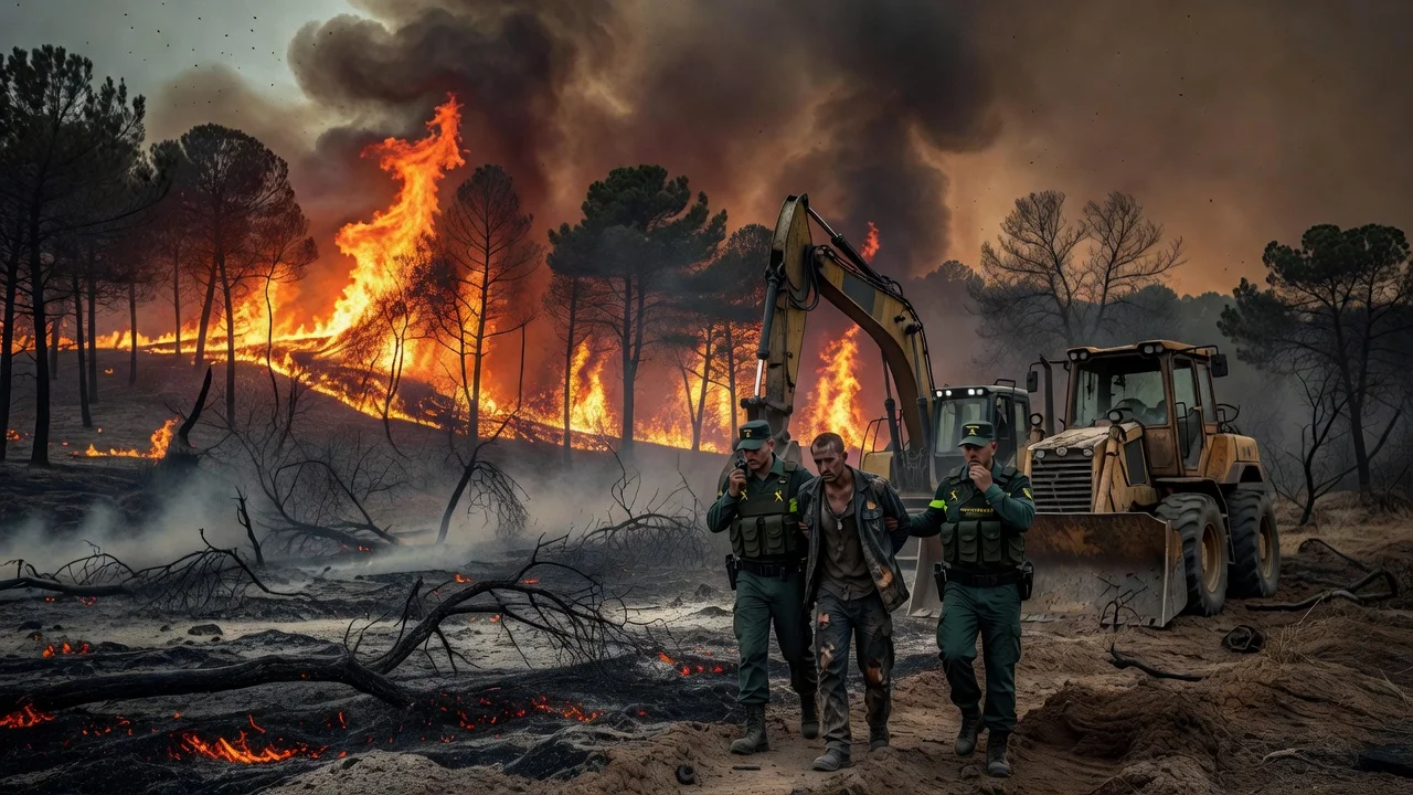 Illustration of a man being detained by police beside heavy machinery in a large wildfire in Ávila, Spain.